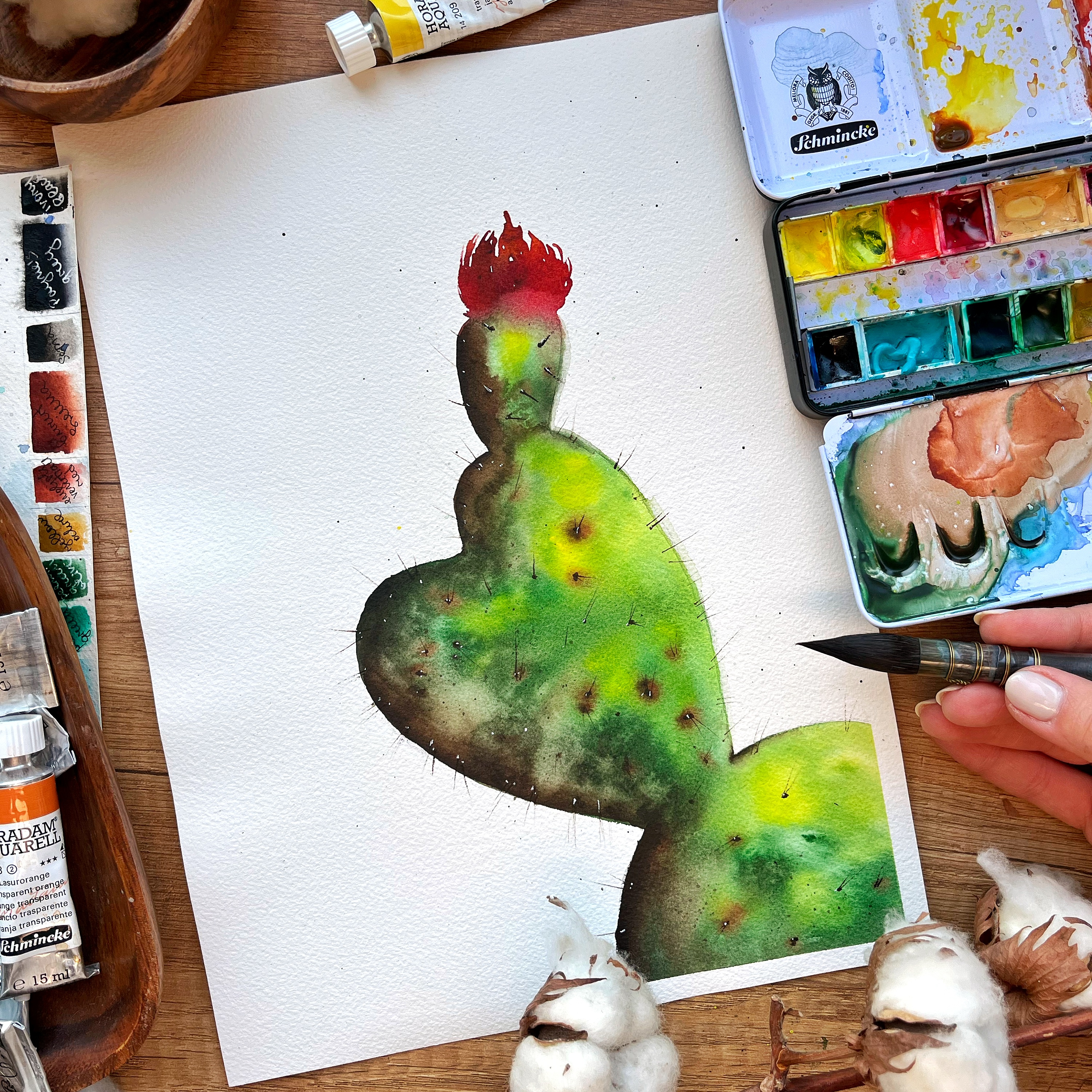 Heart-shaped watercolor cactus