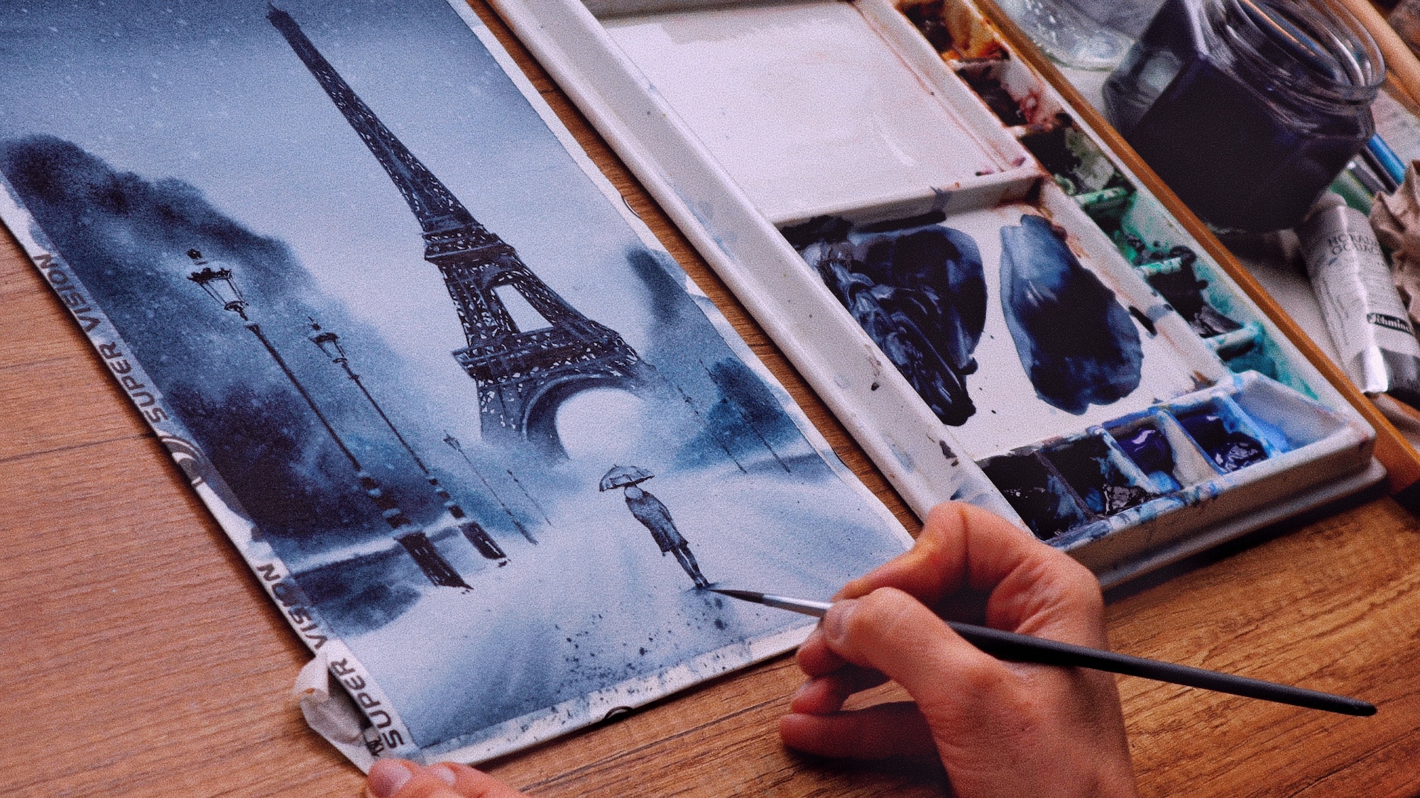 Watercolor Urban Landscape Paris Eiffel Tower in Winter