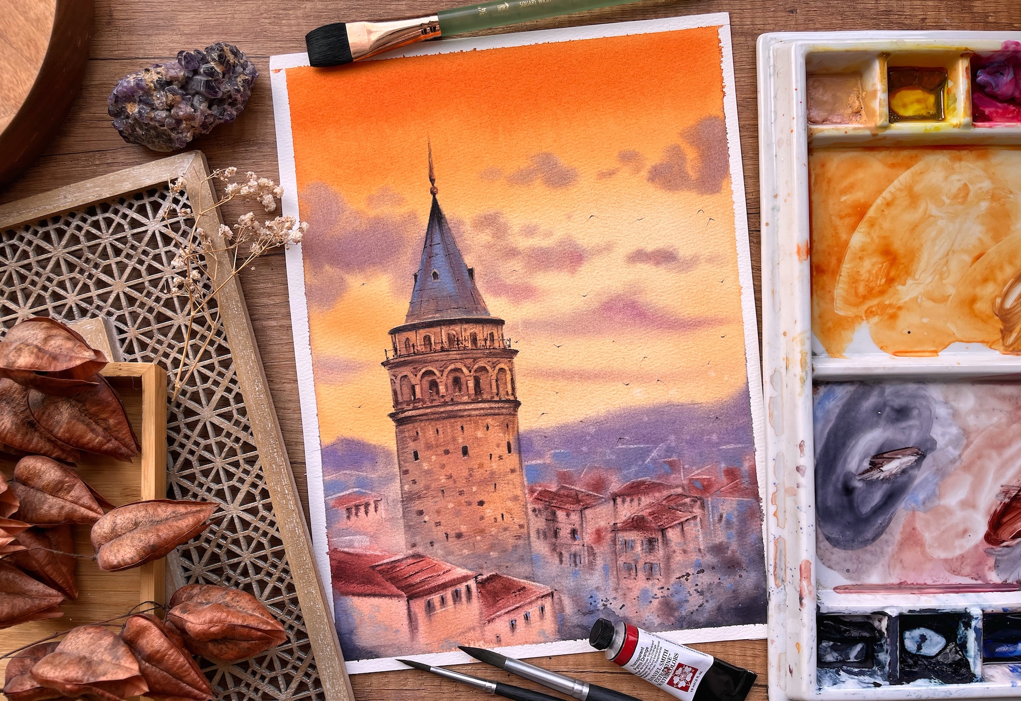 Istanbul Galata Tower Golden Hour Urban Landscape Watercolor Painting