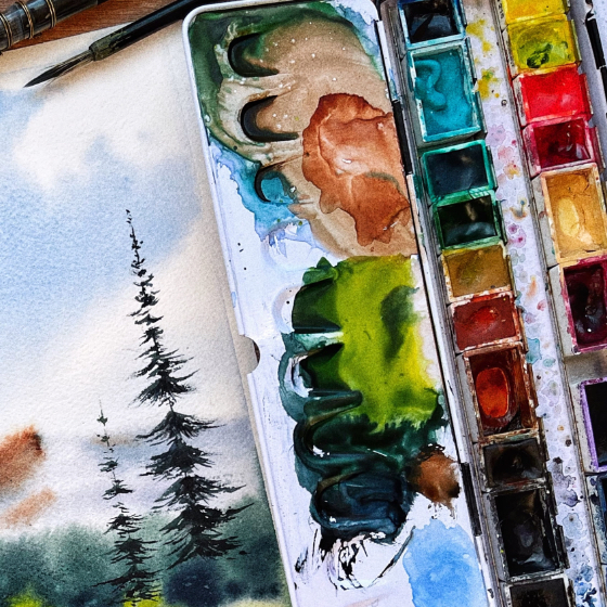 A landscape and a watercolor set