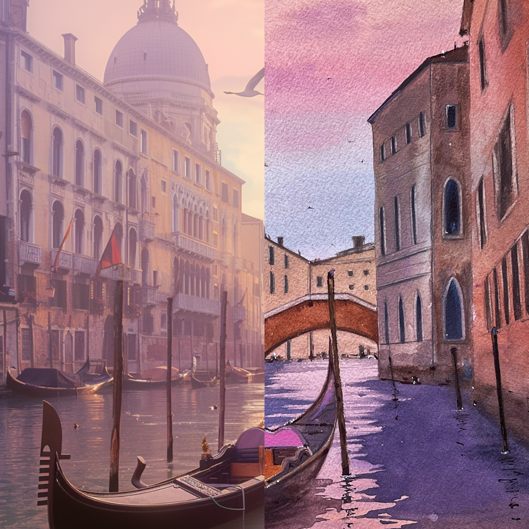 Watercolor Painting Venice Canal Urban Landscape