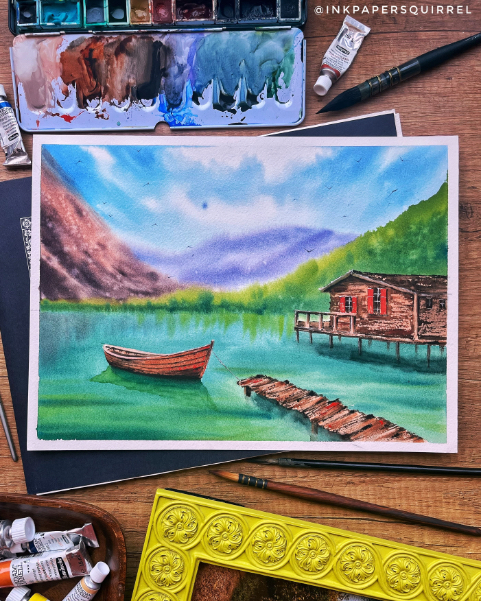 Peaceful watercolor landscape with a lake, a boat and a cabin