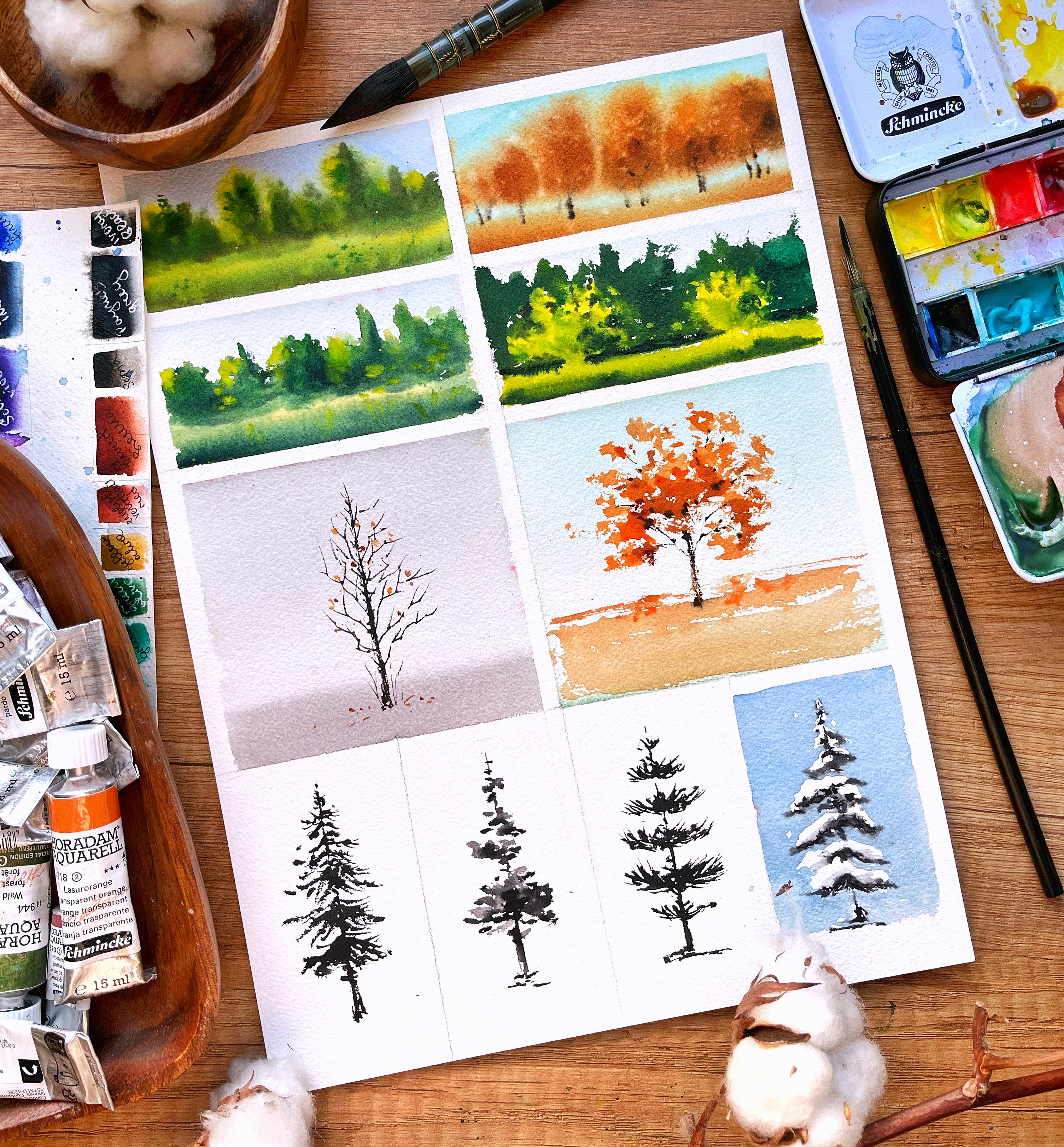 Different ways to paint trees in watercolor