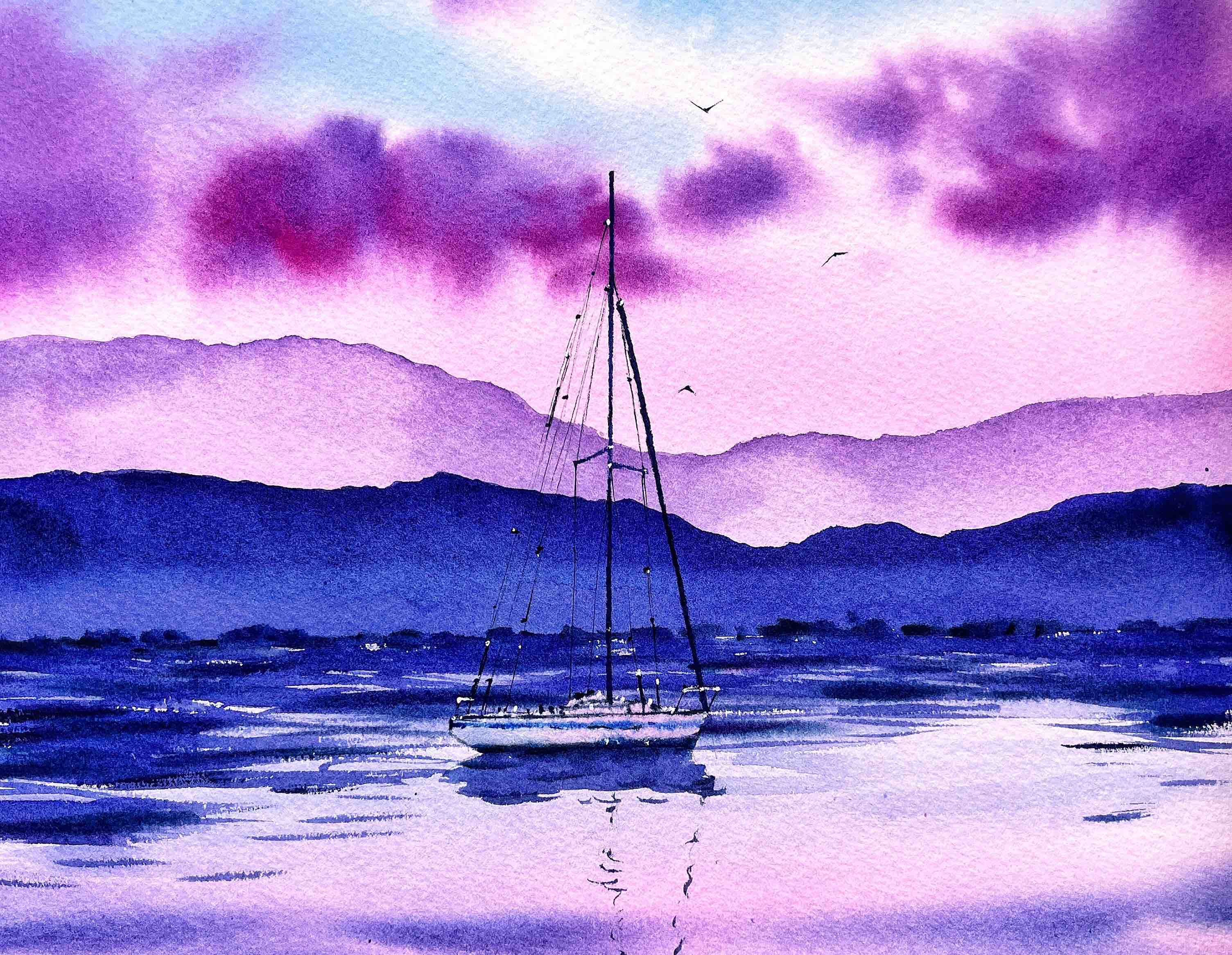 Vibrant watercolor painting - a sunset over a lake and a boat