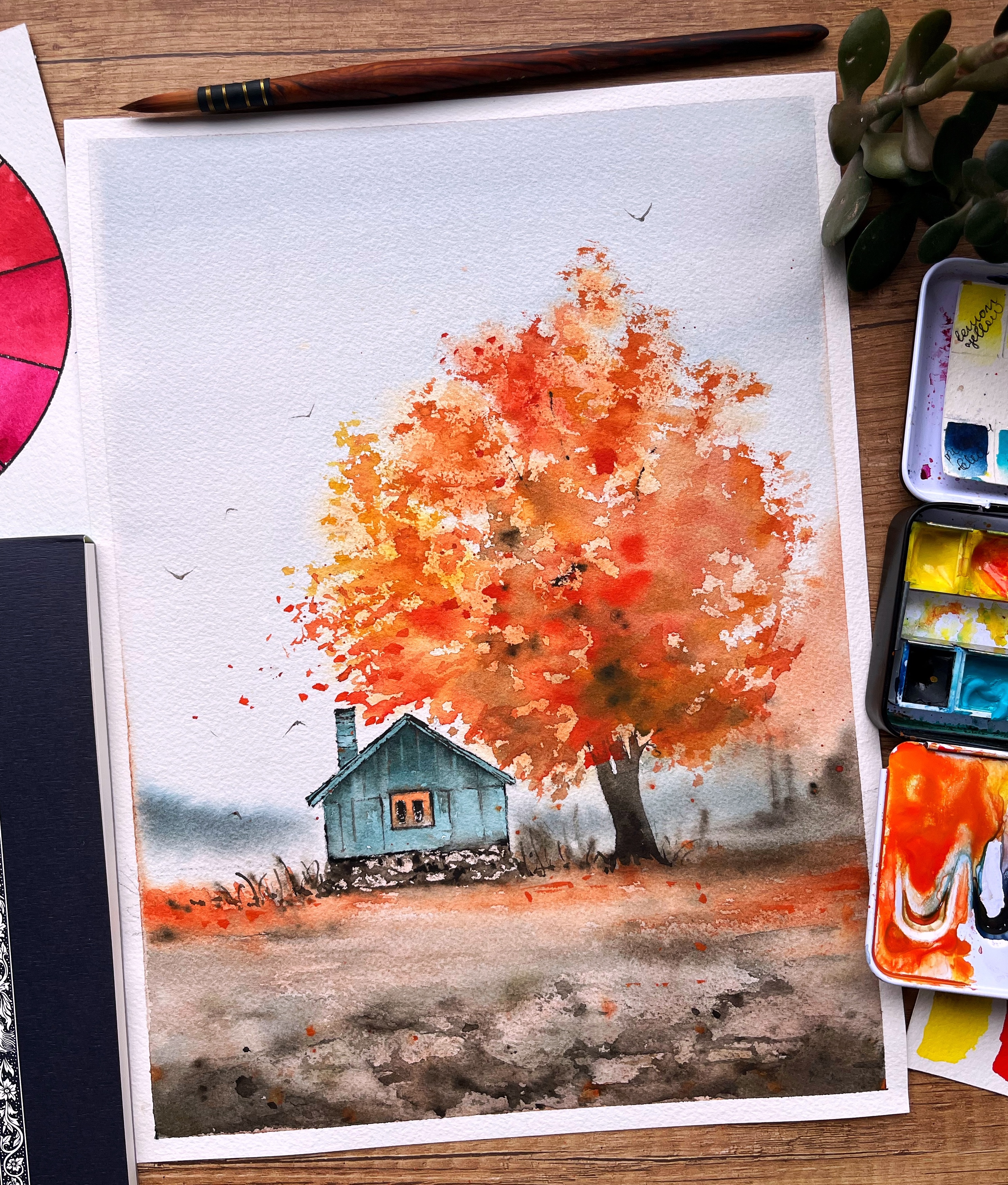 Autumn watercolor landscape with a cabin