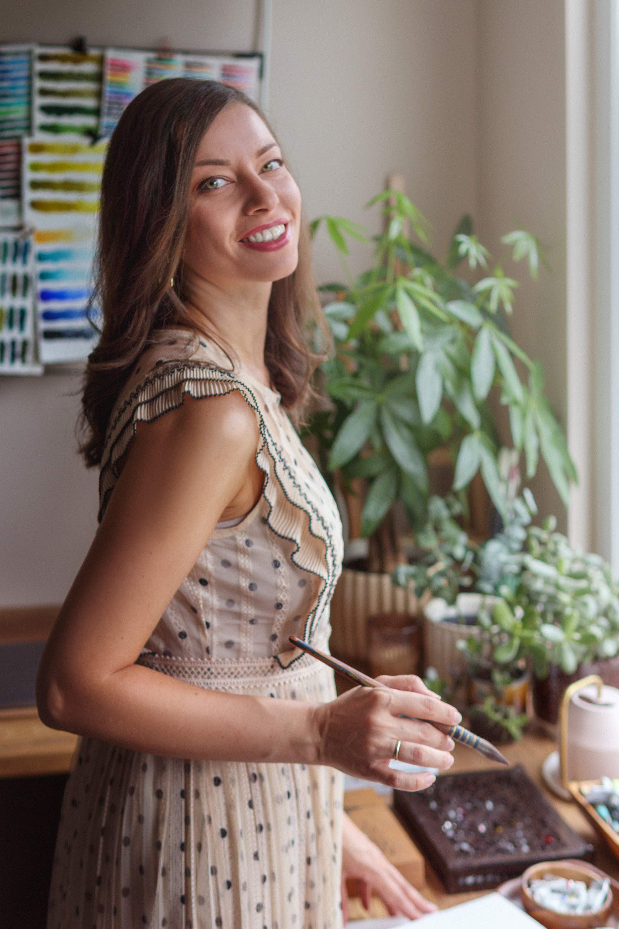 Elina Zhelyazkova, watercolor artist and educator, in her studio