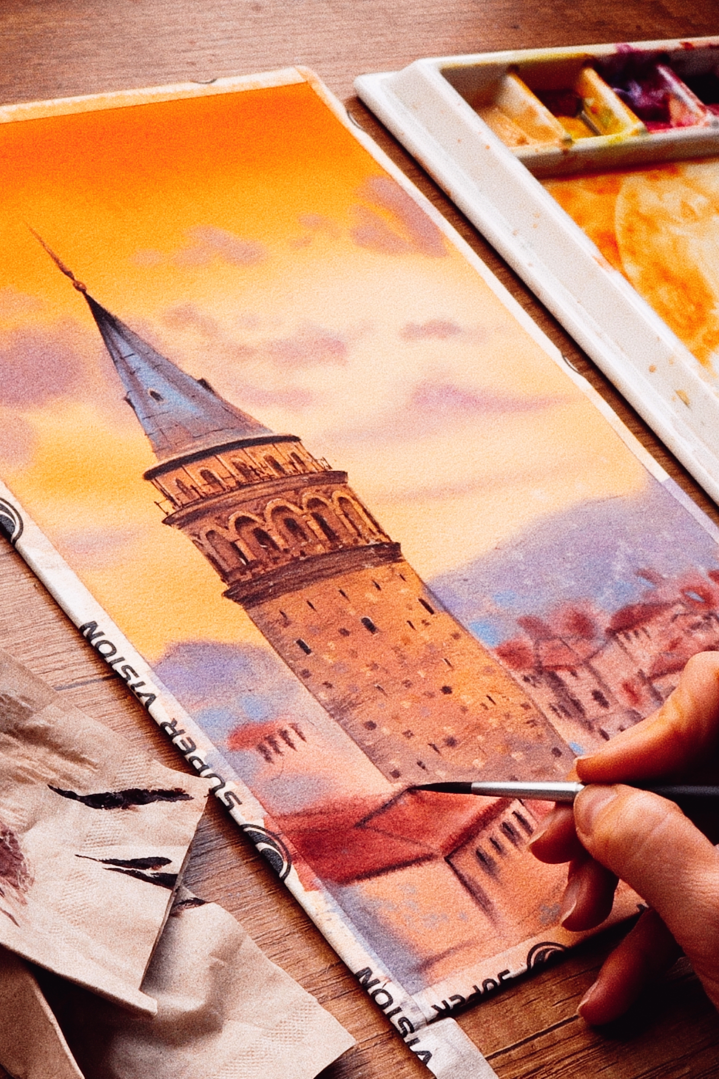 Istanbul Galata Tower Watercolor Painting Cityscape