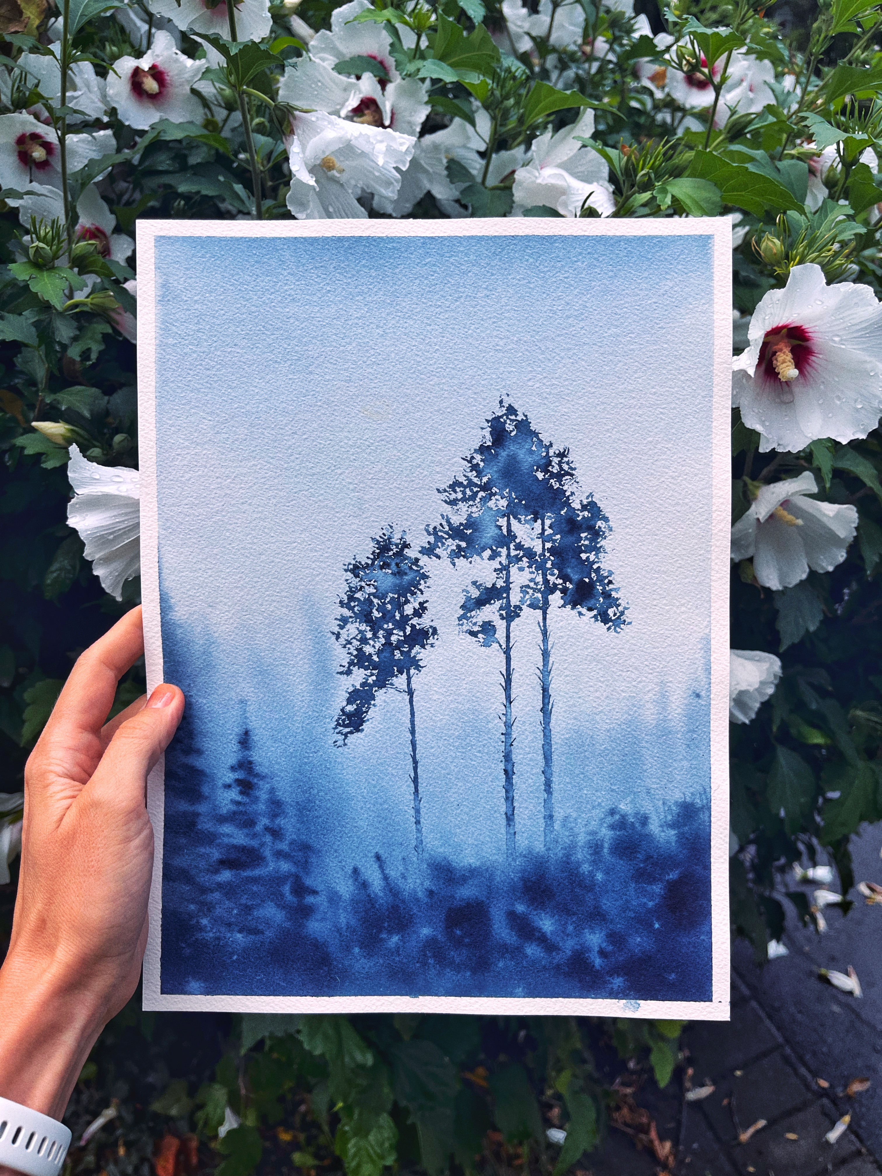 Moody watercolor landscape: misty pine trees in monochrome