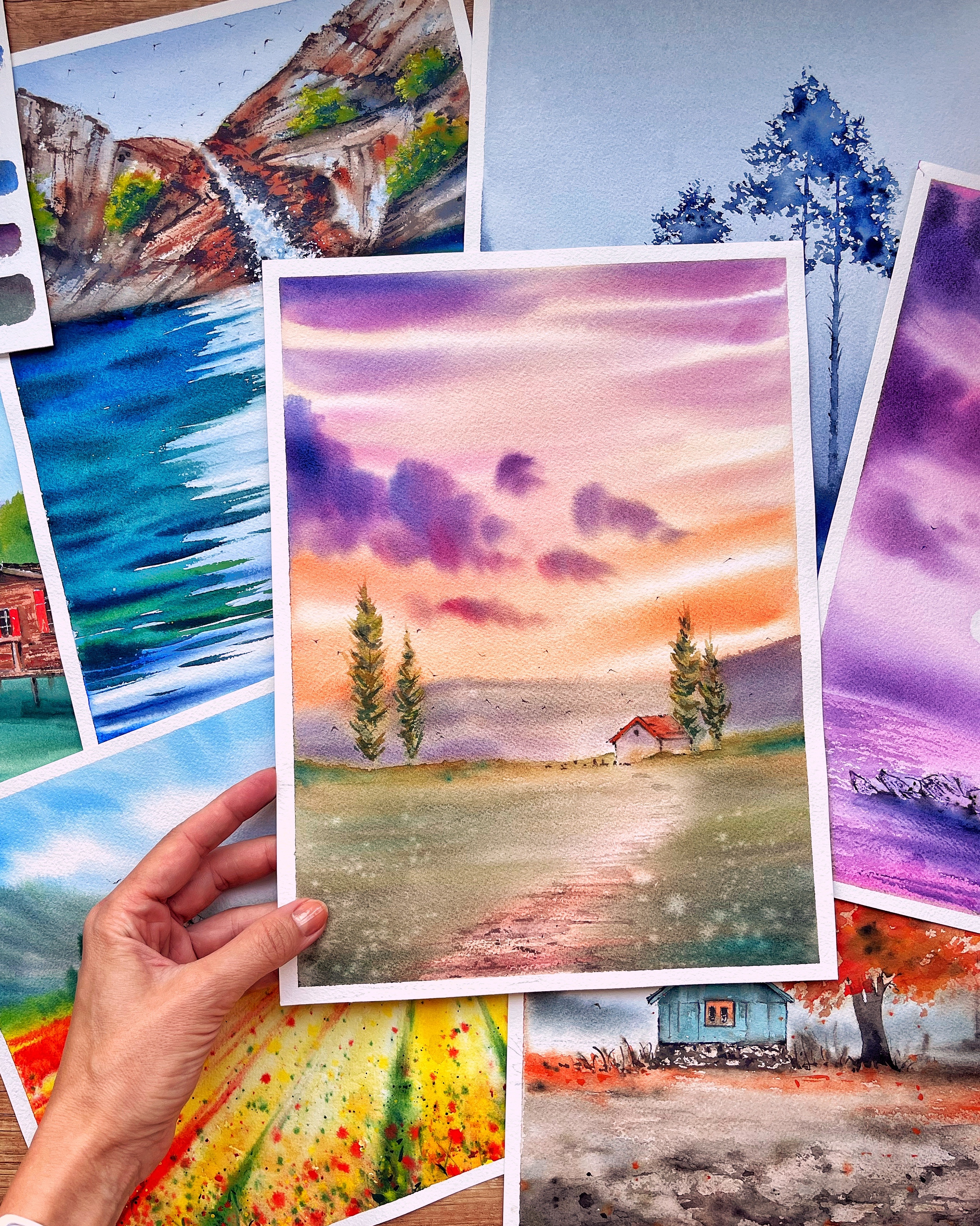 Colorful watercolor landscape with a Tuscanian countryside house