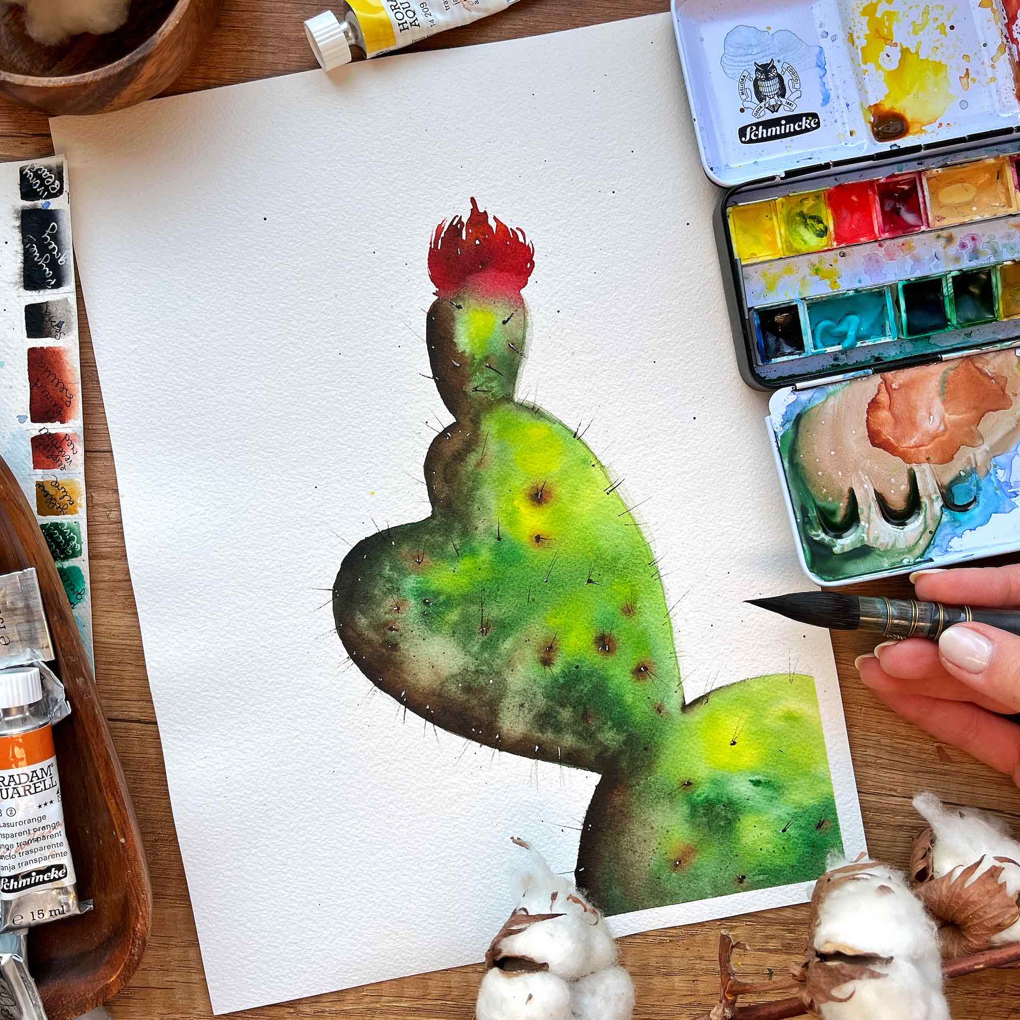 Heart-shaped watercolor cactus