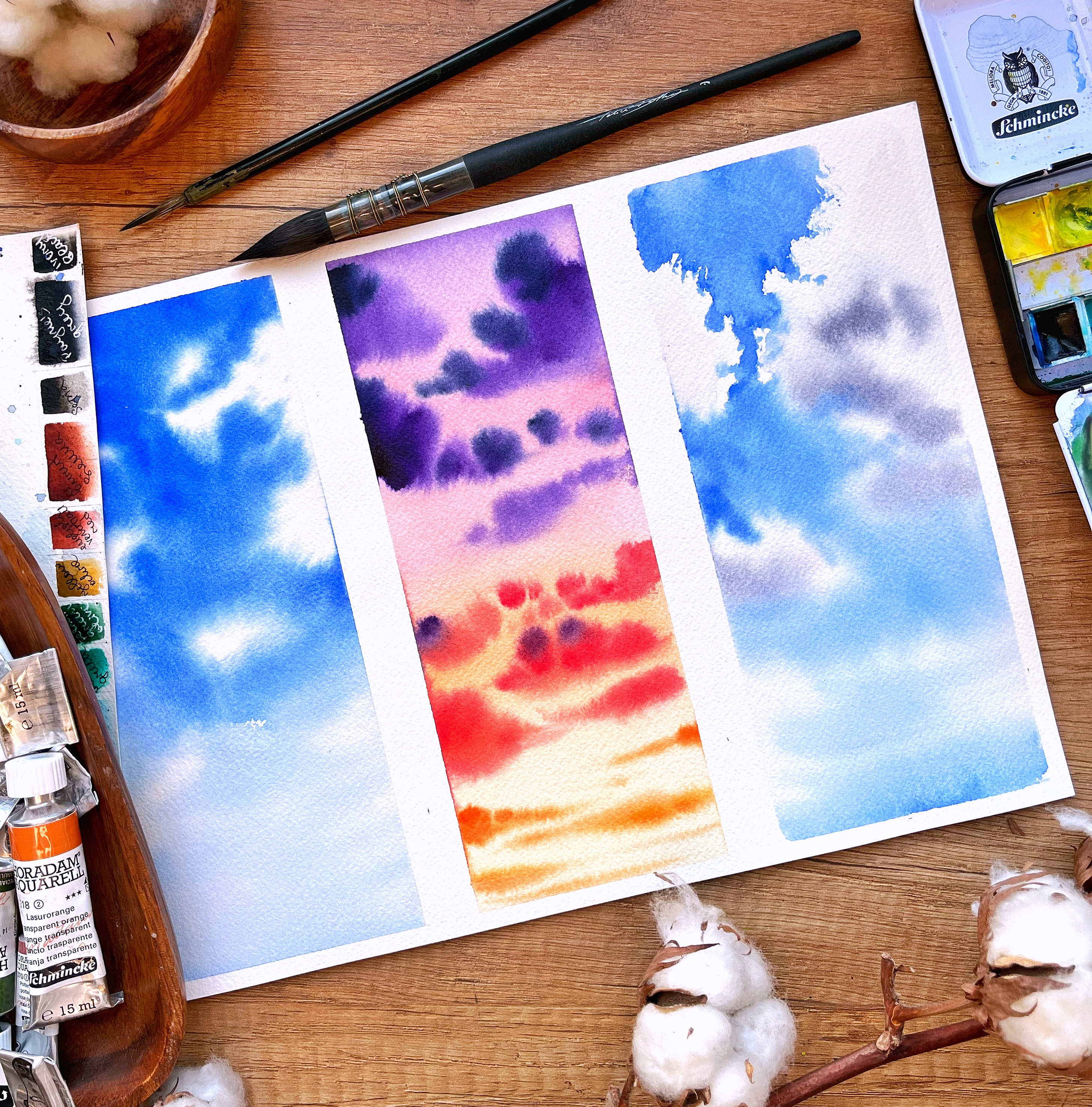 Three different ways to paint watercolor clouds