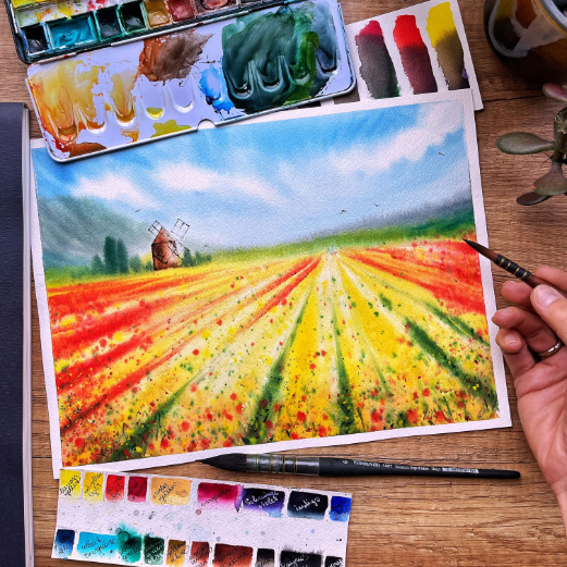 Vibrant watercolor landscape of a flower fields and a windmill