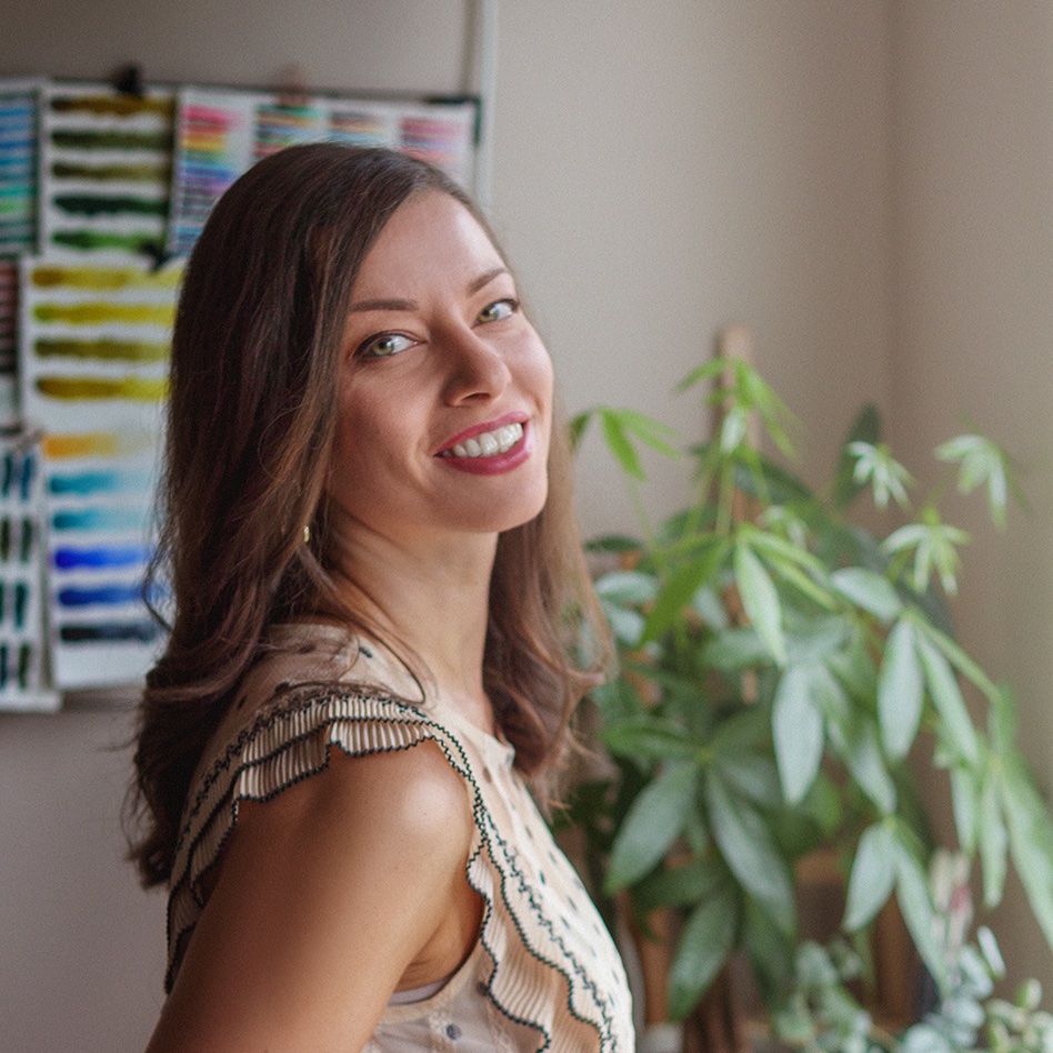 Elina Zhelyazkova, watercolor artist and educator in her studio