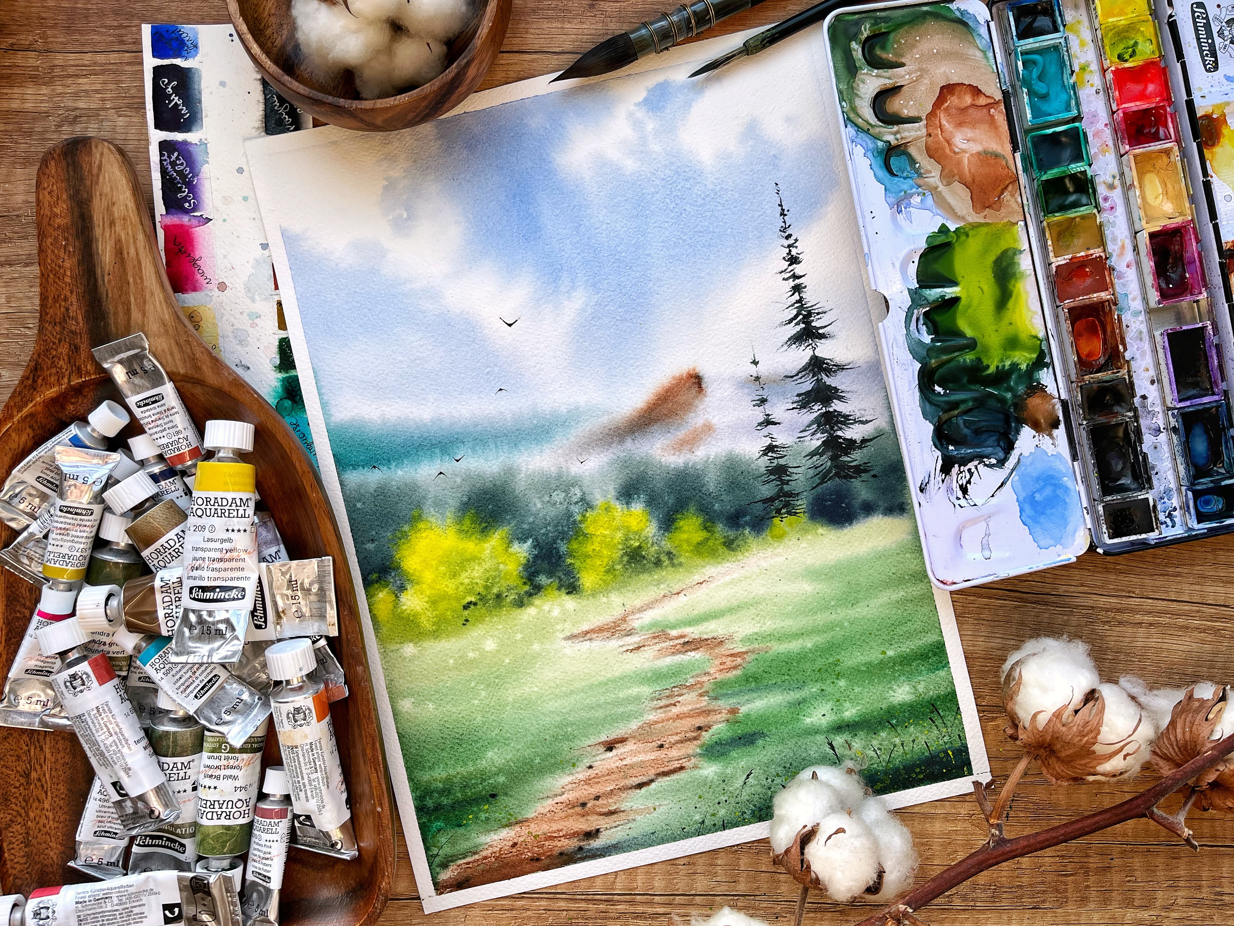 A fresh watercolor spring landscape