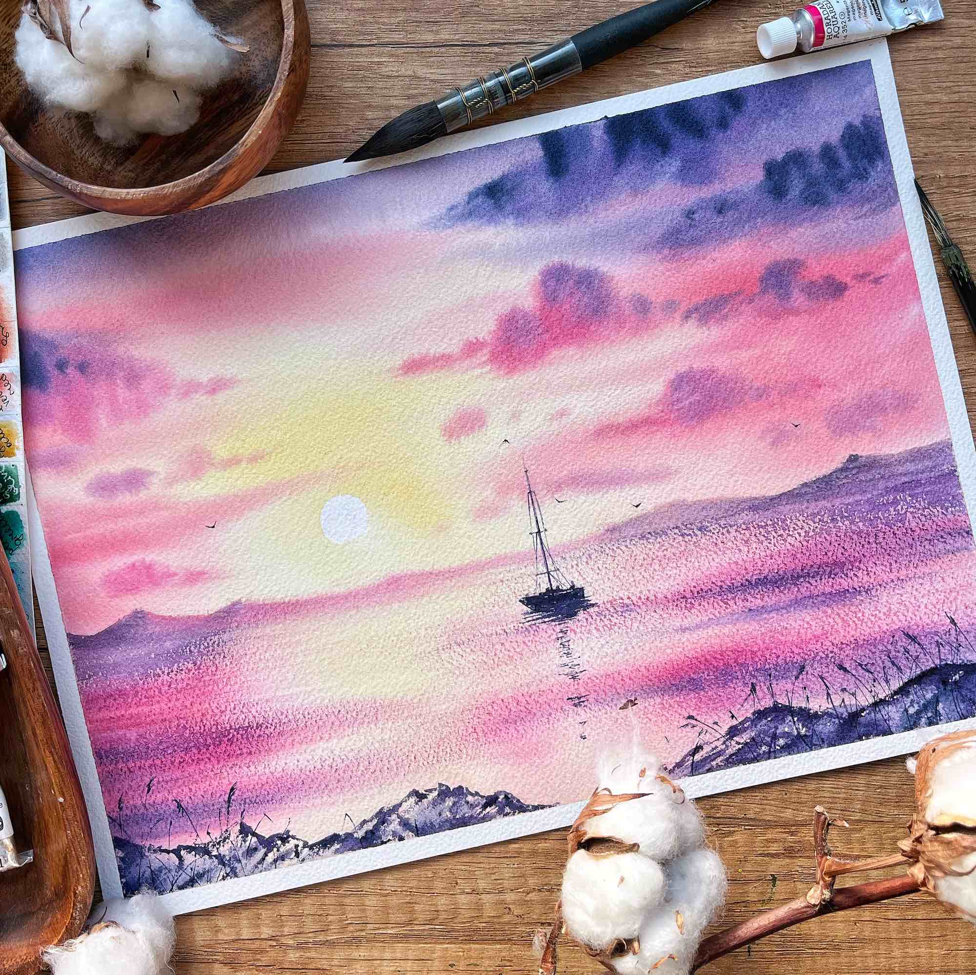 Romantic watercolor sunset over the sea